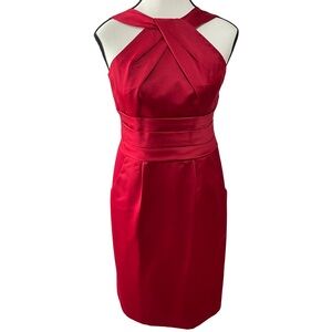 David's Bridal Sz 6 Strapless Halter Dress Crimson Satin Pockets